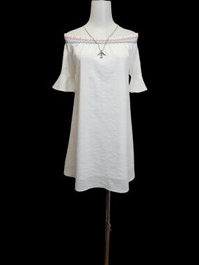🕊🕊Off-Shoulder White Shift Dress with Pink & Teal Trim